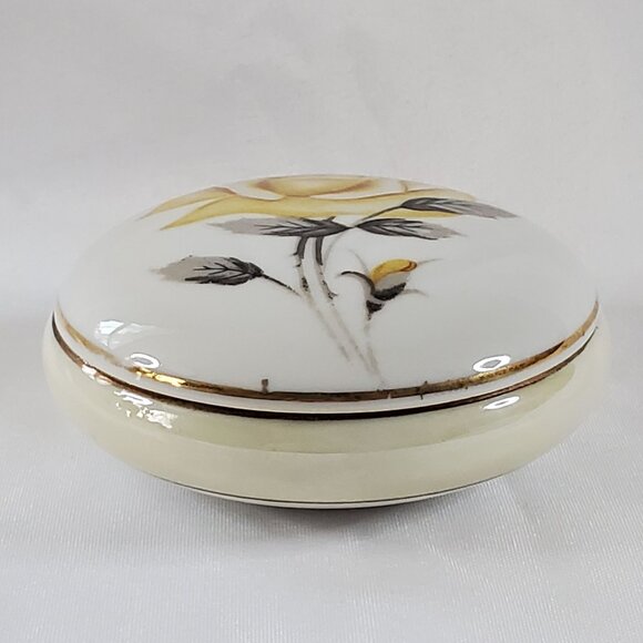 VTG Yellow Rose Trinket Holder Jewelry Box Porcelain Round Gold Trim Japan - Picture 2 of 10